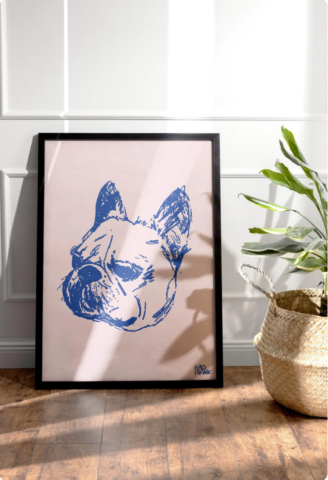 Hadhawk Design - French Bulldog Art Print 8.5 x 11 - Pale Pink & Blue