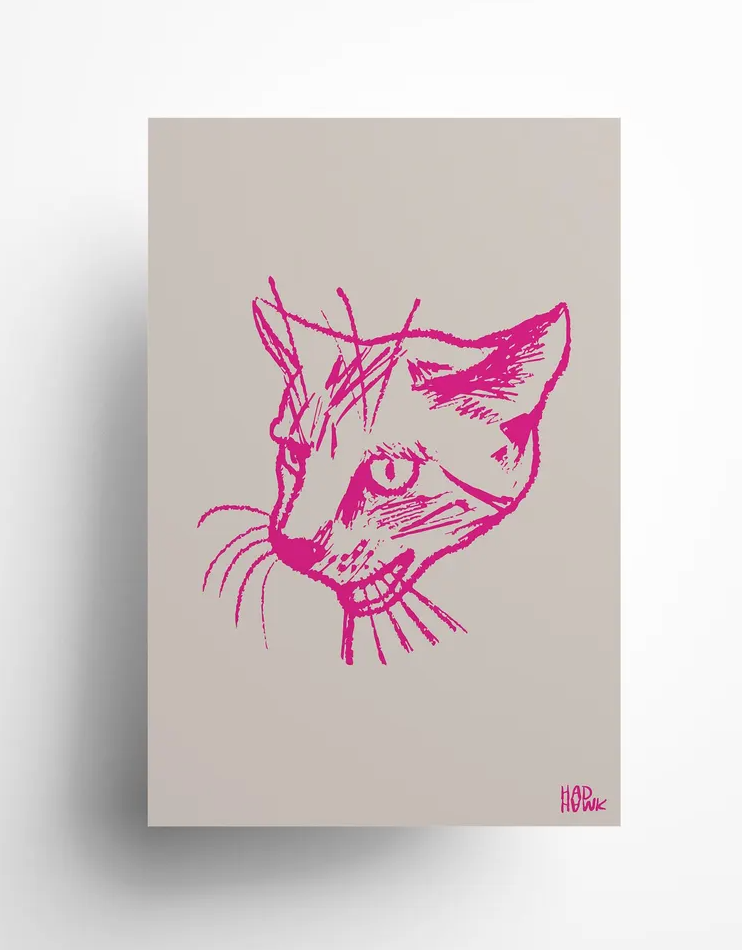 Hadhawk designs - Cat Greeting Card - Blank inside - Grey & Pink