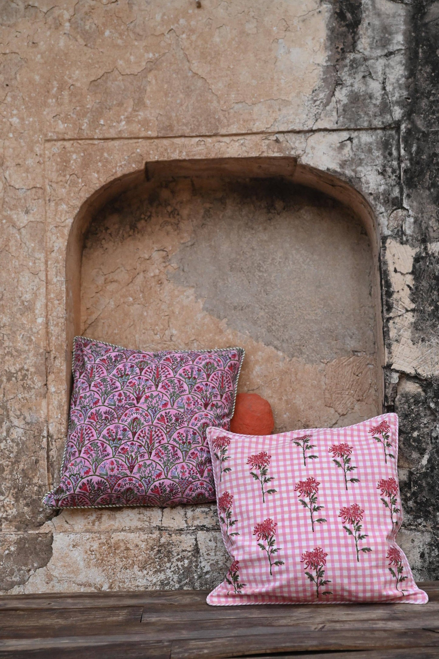 Dahlia Gingham Blockprint Throw Pillow 20x20