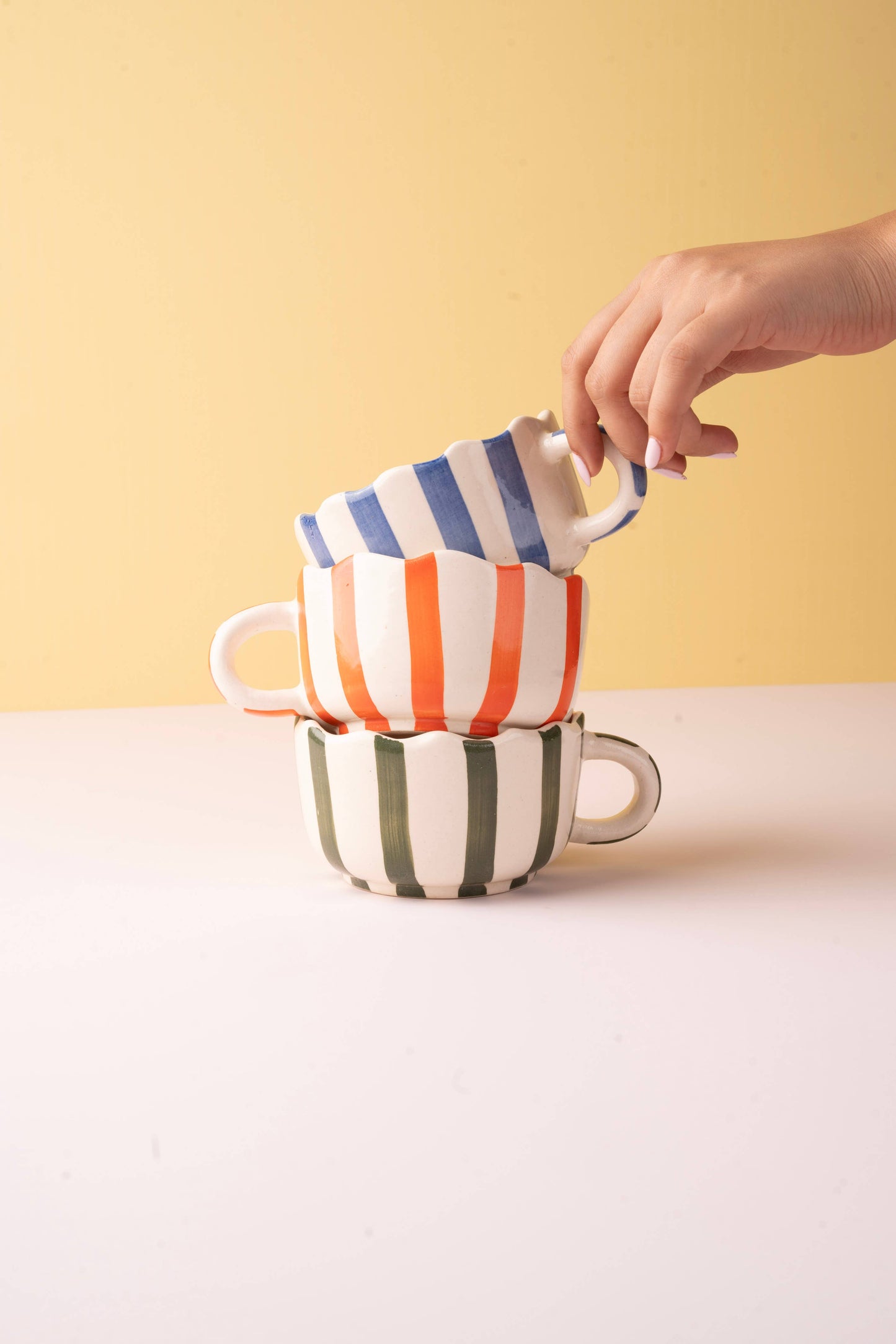 Ceramic Stripe Olive Green Cappucino Cup, 2.9 x 3.9 Inches