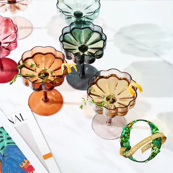 Flower Vintage Wavy Petals Glass Coupe 7oz, Sold individually (Muted Rainbow)