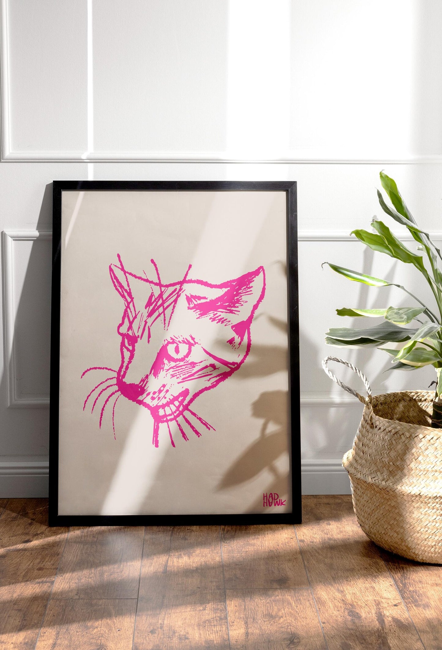 Hadhawk Design - Cat Art Print - 8.5 x 11 - Grey & Pink