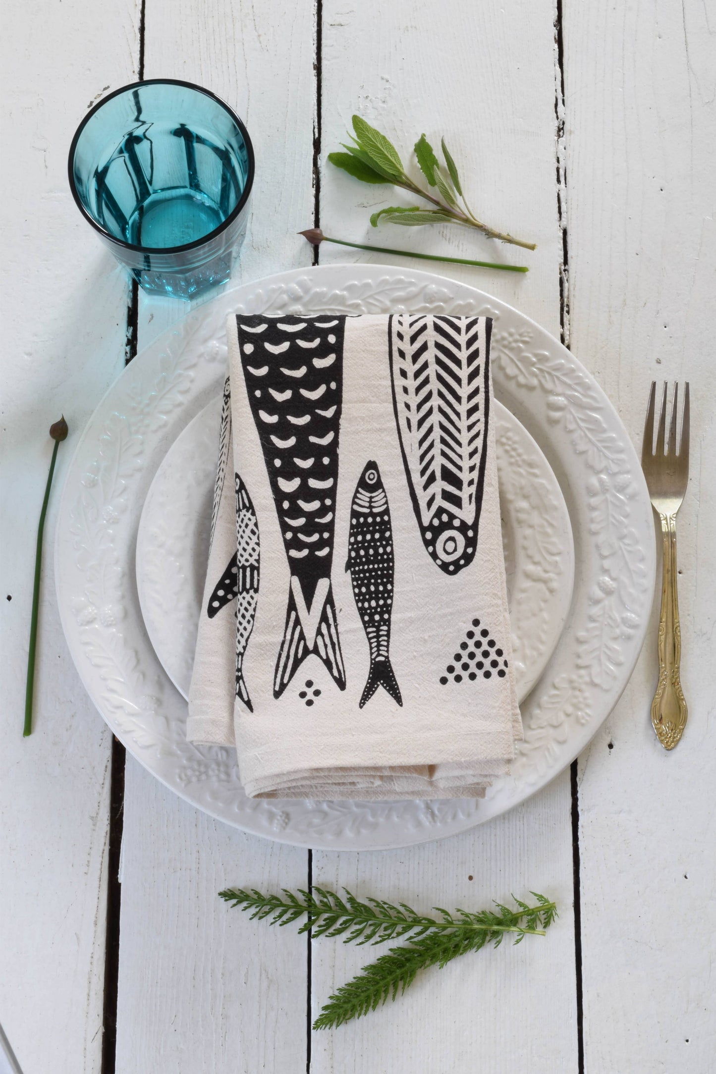 Sardines Tea Towel in Black - Organic Cotton - Fish Print