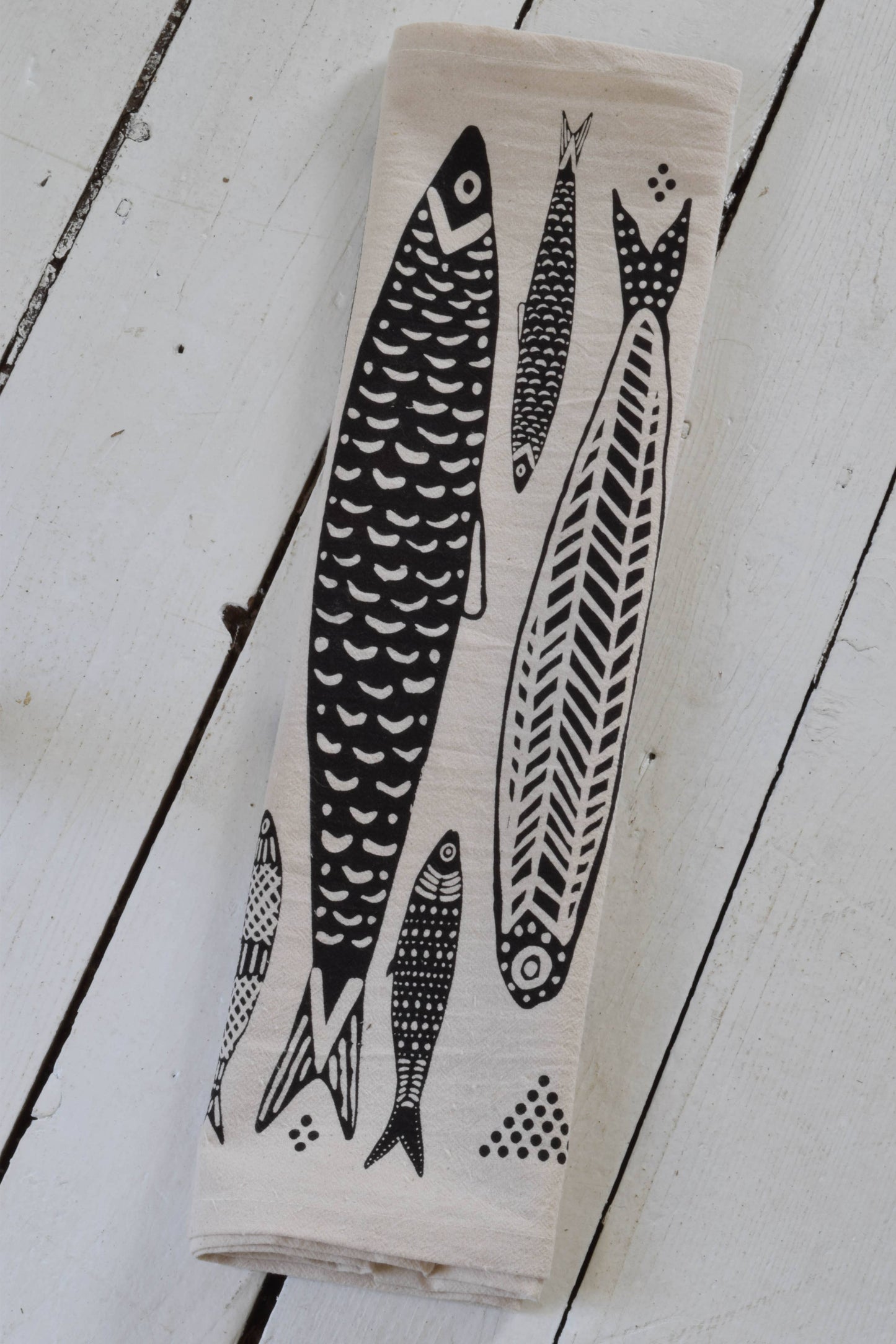 Sardines Tea Towel in Black - Organic Cotton - Fish Print