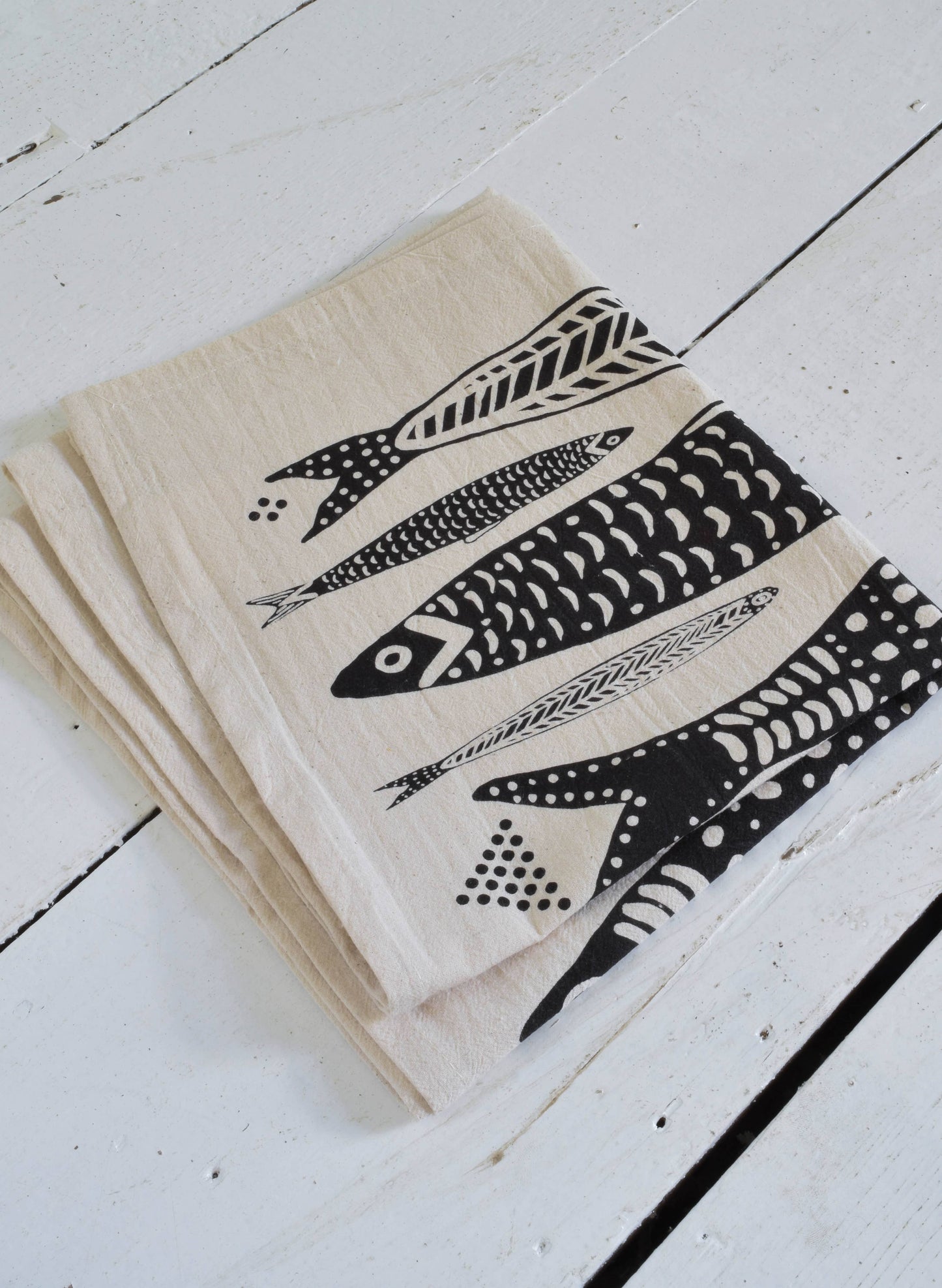 Sardines Tea Towel in Black - Organic Cotton - Fish Print