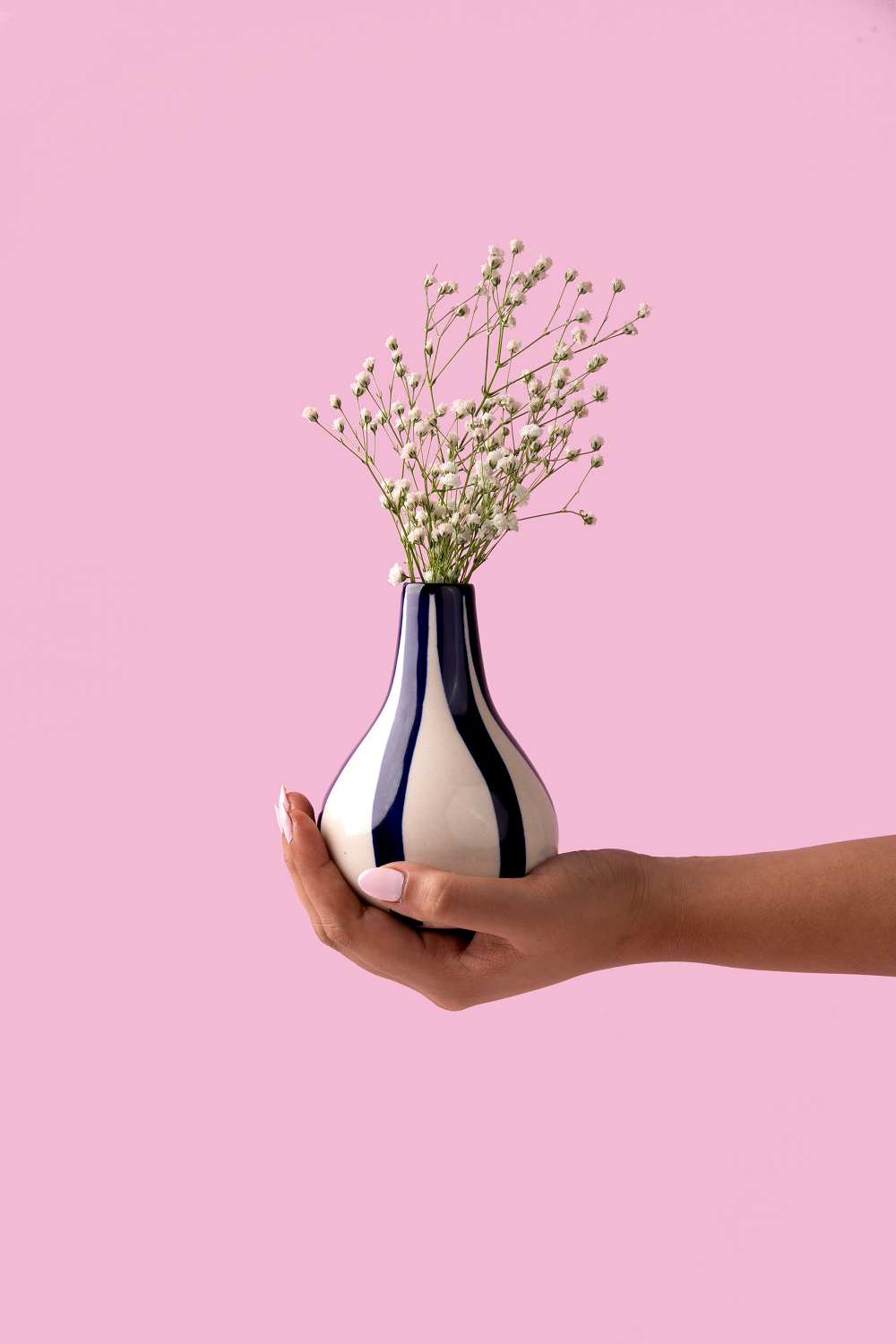 Ceramic Stripe  bud vase, 3.5 x 3.5 x 4.75 Inches-  Blue