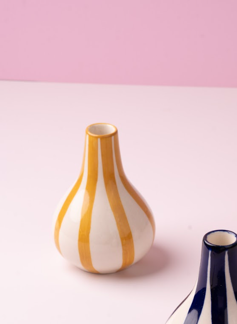 Ceramic Stripe  bud vase, Yellow-  3.5 x 3.5 x 4.75 Inches