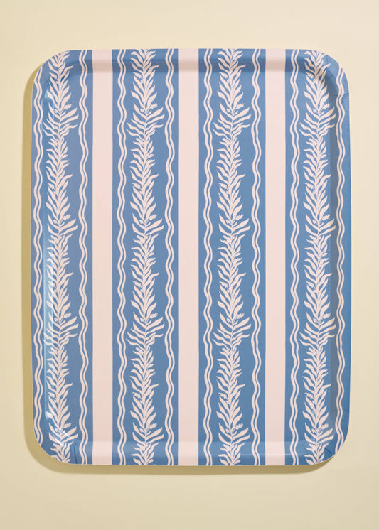Blue Vine Stripe Illustrated Bent Birch Serving Tray