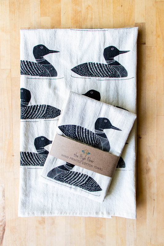 Loon Towel, Handprinted Cotton Kitchen Towel, Loon