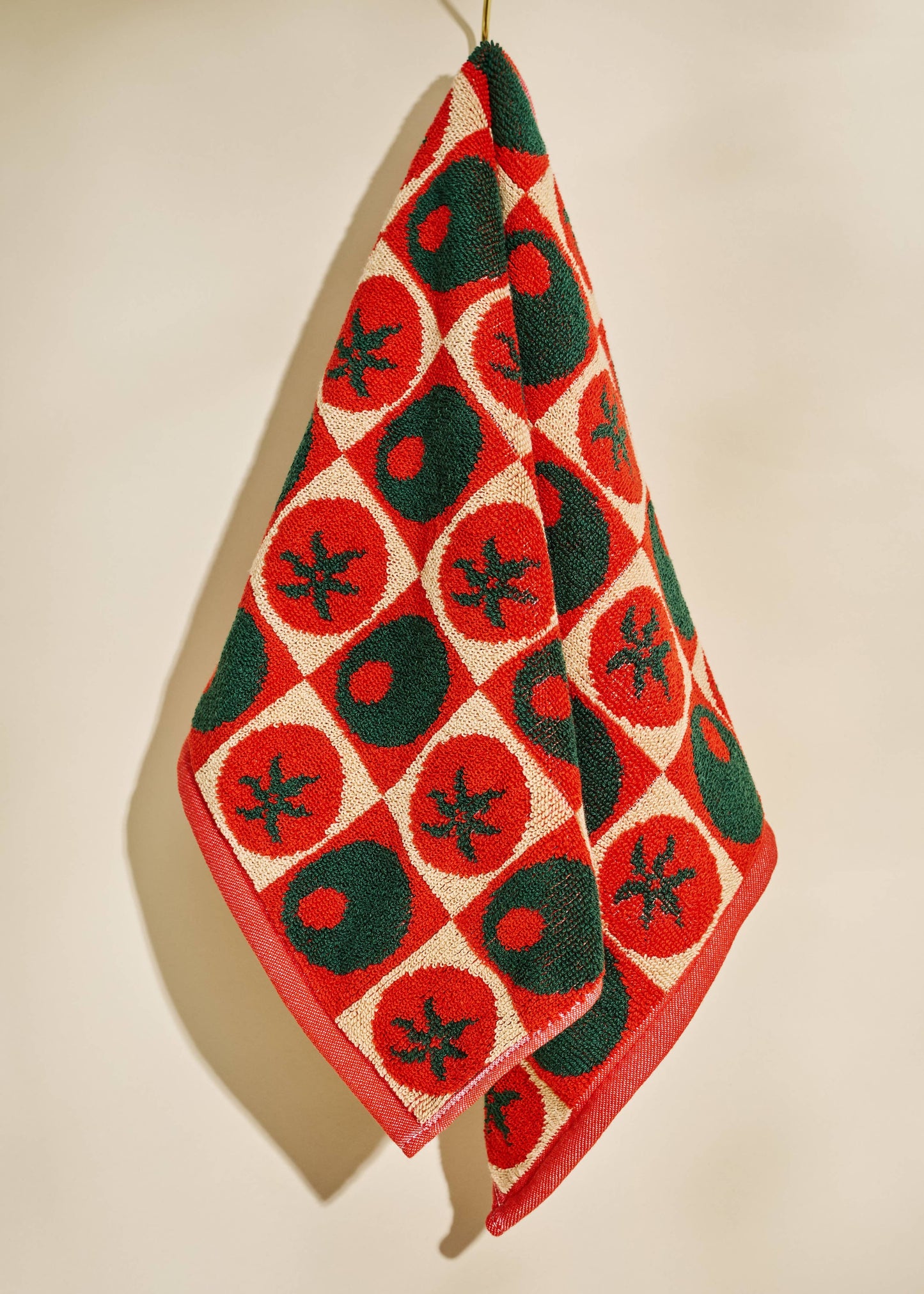 Heirloom Heat Checked Olive and Tomato Cotton Terry Cloth Hand Towel