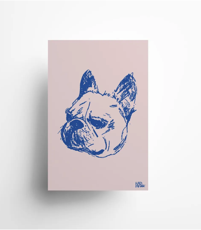 Hadhawk Design - French Bulldog Art Print 8.5 x 11 - Pale Pink & Blue