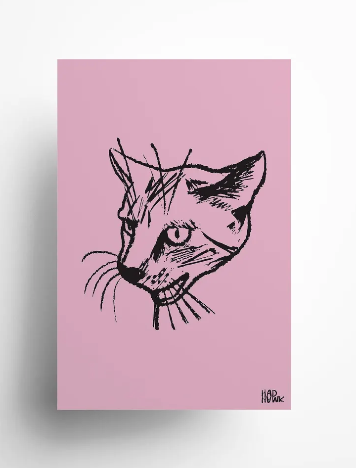 Hadhawk Design - Cat Art Print - 8.5 x 11 - Pink & Black
