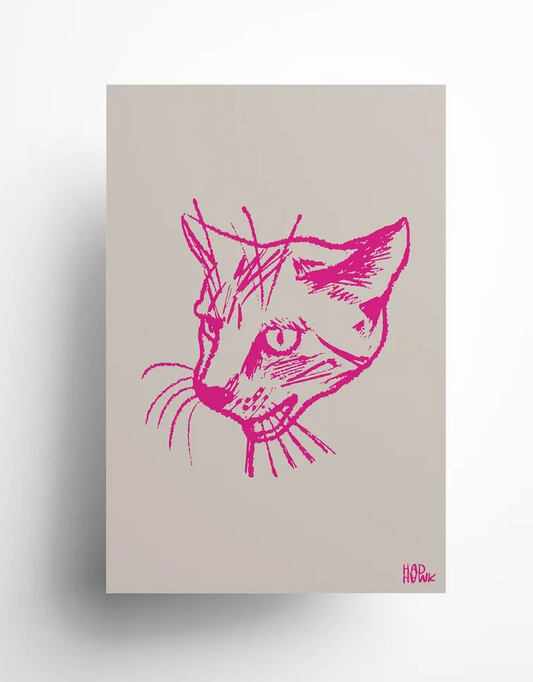 Hadhawk designs - Cat Greeting Card - Blank inside - Grey & Pink