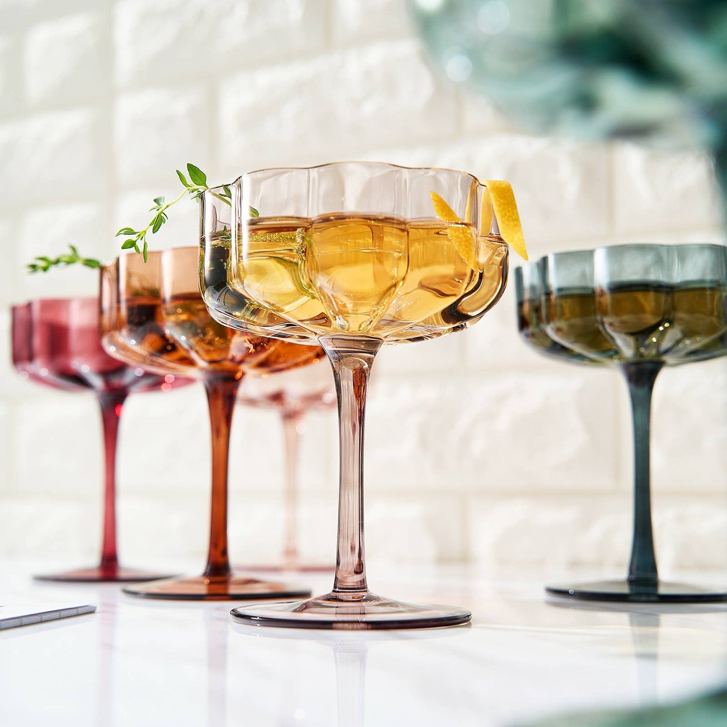 Flower Vintage Wavy Petals Glass Coupe 7oz, Sold individually (Muted Rainbow)