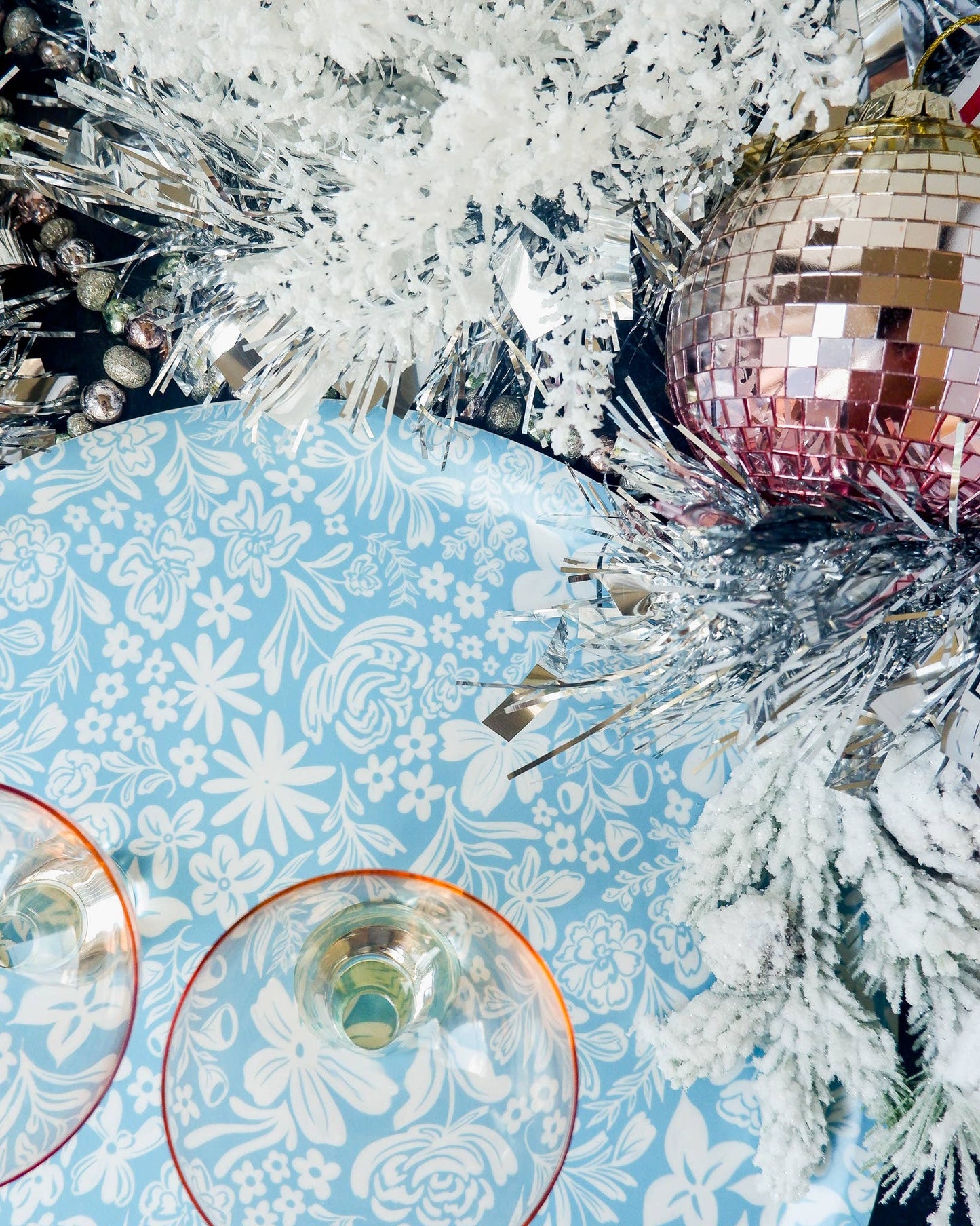 Blue Florals Bent Birch/Melamine Round Serving Tray Platter