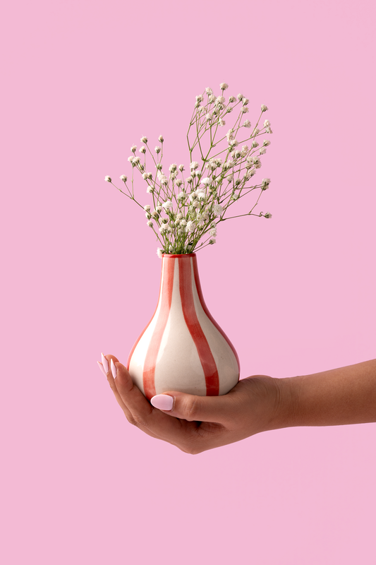 Ceramic Stripe  bud vase, Red- 3.5 x 3.5 x 4.75 Inches